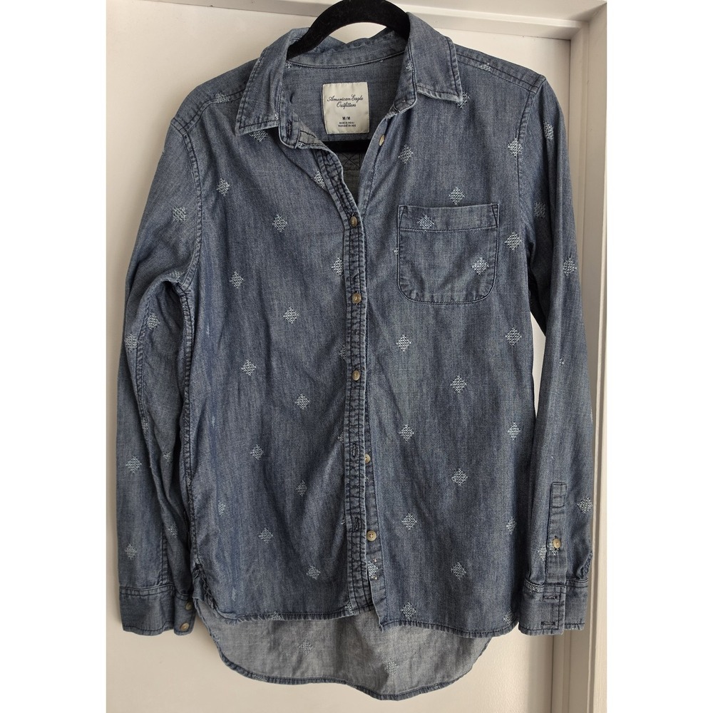 American Eagle Outfitters Cotton Button-Down Shirt Women M Blue Geometric Boho